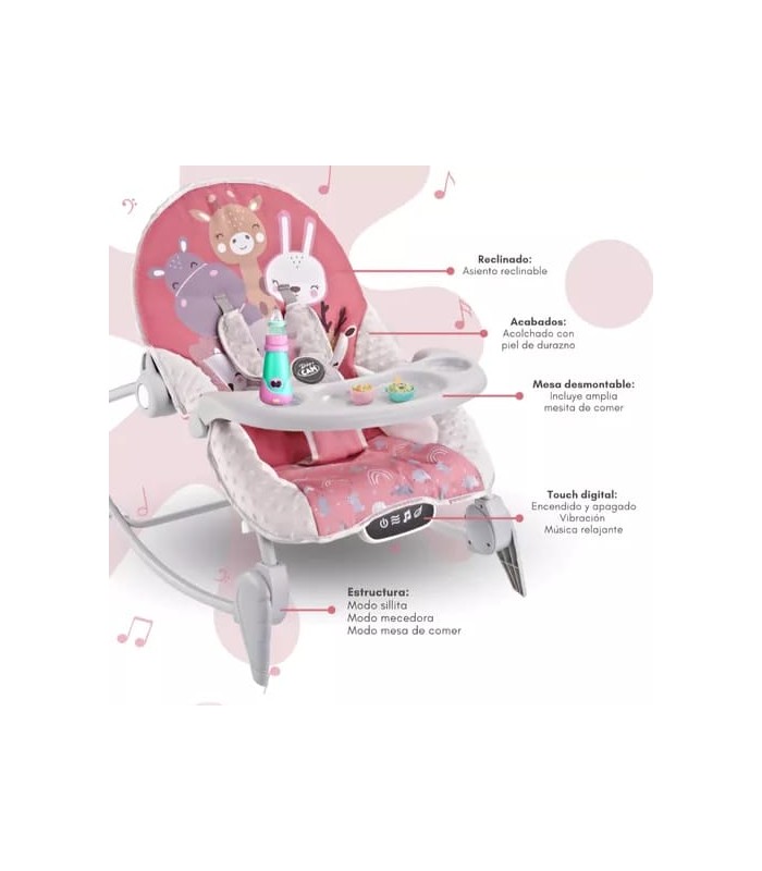Silla Mecedora Bouncer Baby Cam Táctil Mesa de Comer Rosado 2 en 1