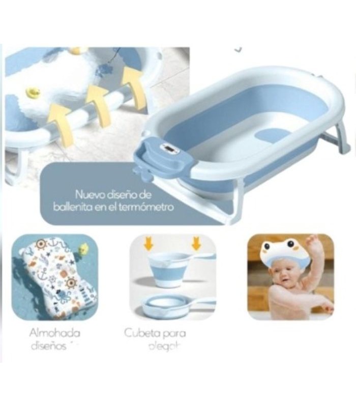 BAÑERA PLEGABLE + COJIN + CUBETA + GORRO DE BAÑO