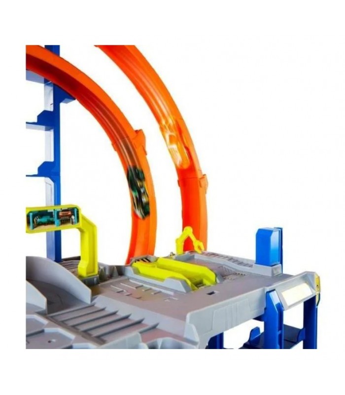 Garaje Con MEGAlooping De Hot Wheels Con 1 Coche De Juguete Metálico Y 1 Helicóptero De Juguete A Escala 1:64