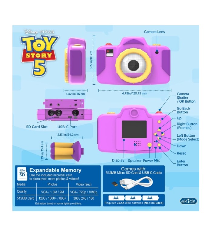 Cámara infantil de Toy Story 5 con tarjeta SD